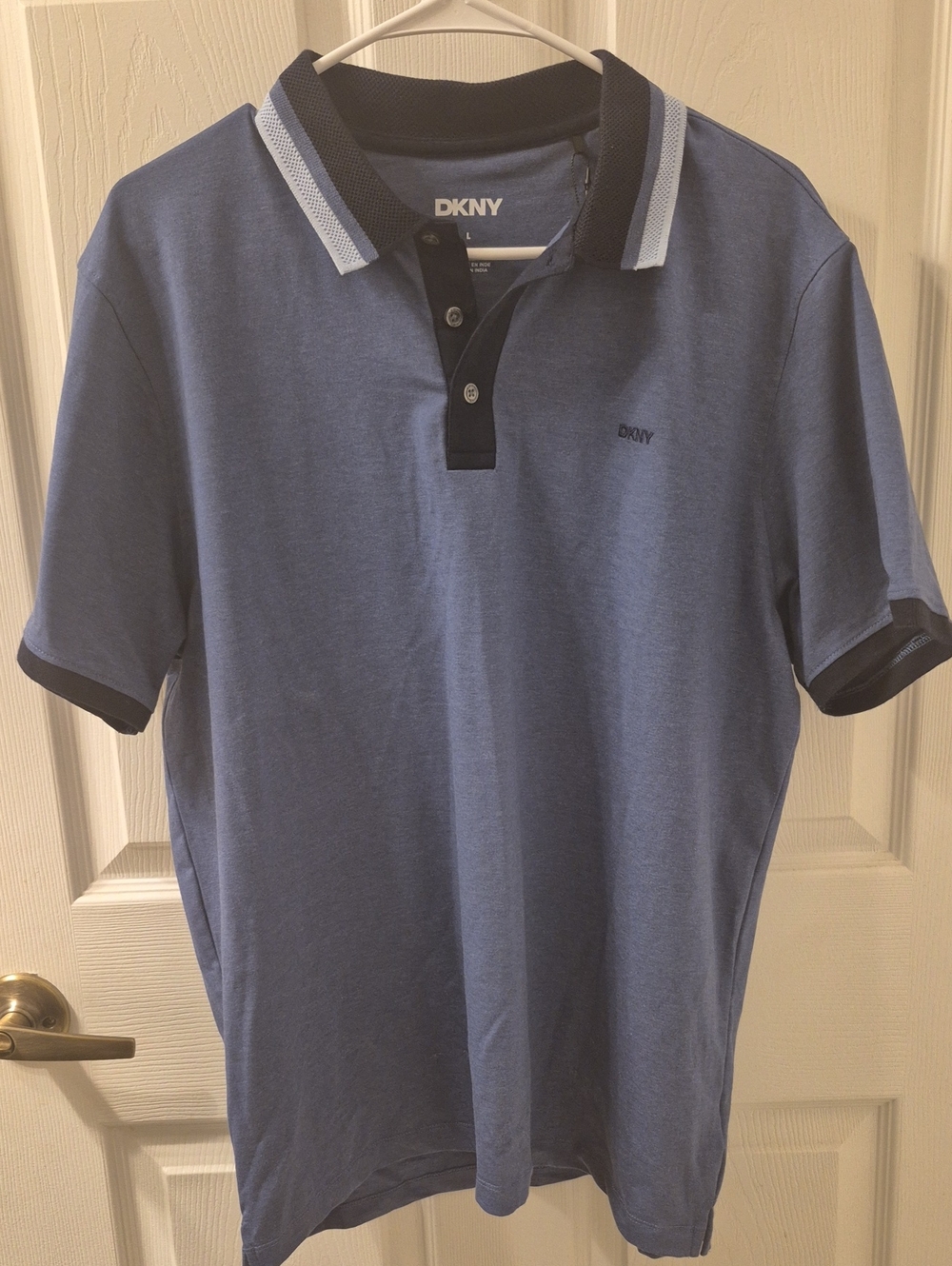 Nwt DKNY Men's Heathered Blue Polo w/navy trim sleeve &  Gradient Blue Collar